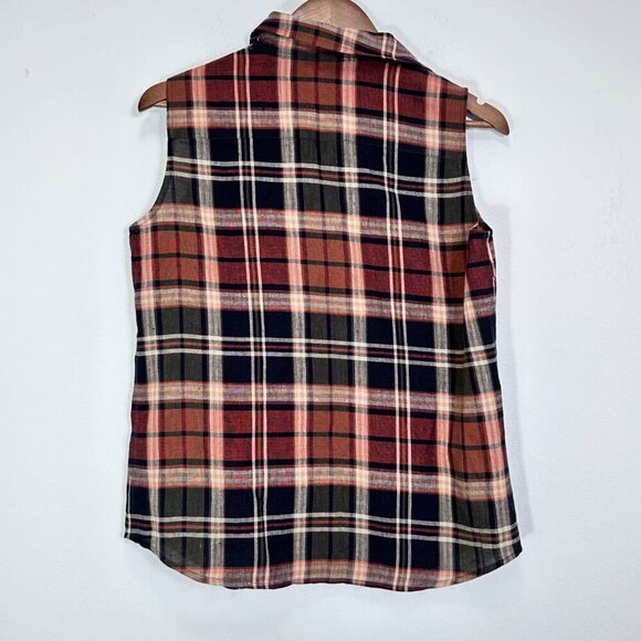 Lauren Ralph Lauren Brown Navy Plaid Sleeveless Linen Button Down Blouse Size M - Picture 2 of 4